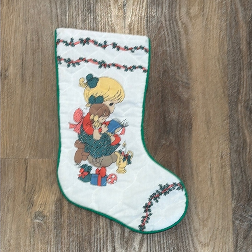vintage precious moments quilted children's christmas stocking